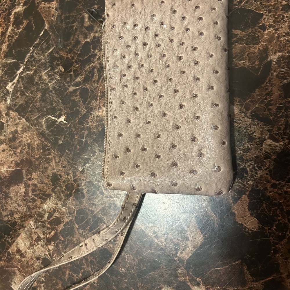 Beige Ostrich textured  wristlet with polka dot lining